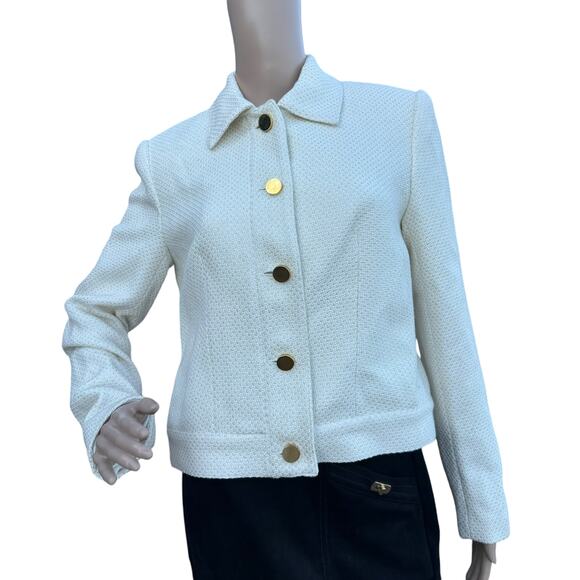 G Signature Women Cream Glittery Gold Straight Collar Long Sleeve Tweed Jacket - Picture 1 of 8